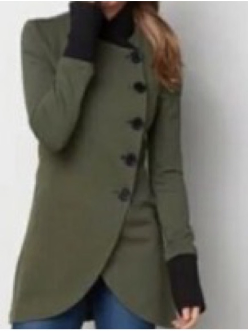 VENUS Olive Trench Coat with Black Ribbed Collar and Cuffs